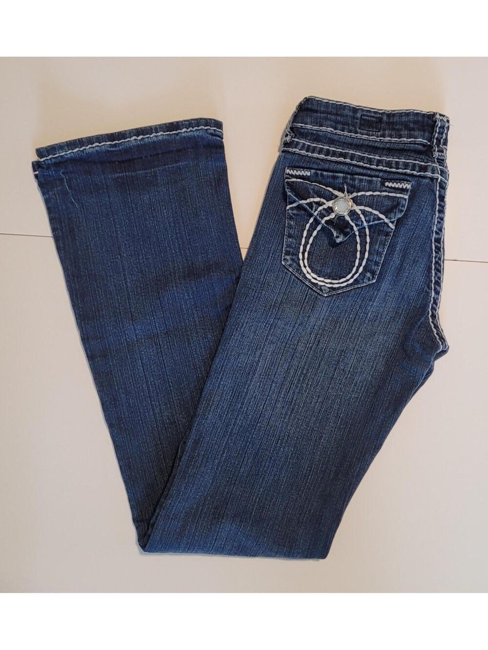 L.A. Idol USA Women’s Bootcut Jeans Size 7 Low Rise Blue Denim White Stitch Rhin